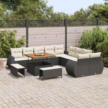 13-teiliges Garten-Sofa-Set mit Kissen in Schwarz Poly Rattan Akazie, 3-teiliges Garten-Essgruppe mit Kissen in Schwarz Poly Rattan Akazie