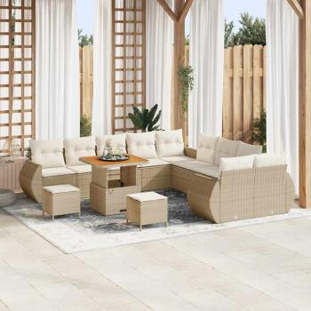 ARDEBO.de - 13-teilige Garten Sofa Set mit Kissen Beige Poly Rattan Akazie, 3-teiliges Garten Esszimmer Set mit Kissen Beige Poly Rattan Akazie