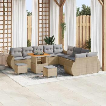 ARDEBO.de - 13-teilige Garten Sofa Set mit Kissen Beige Poly Rattan Akazie, 3-teilige Garten Esstisch Set mit Kissen Beige Poly Rattan Akazie