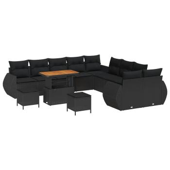 13-teiliges Garten-Sofa-Set mit Kissen Schwarz Poly-Rattan Akazie, 3-teilige Garten-Essgruppe mit Kissen Schwarz Poly-Rattan Akazie