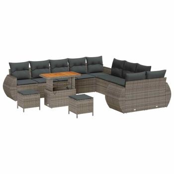 13-teiliges Garten-Sofaset mit Kissen Grau Poly-Rattan Akazie, 3-teilige Garten-Essgruppe mit Kissen Grau Poly-Rattan Akazie