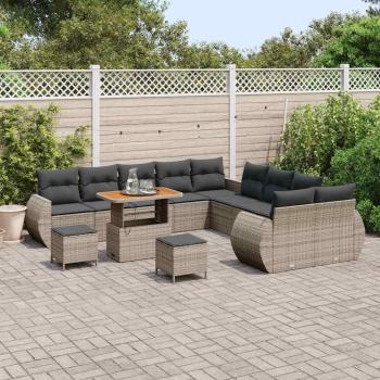 13-teiliges Garten-Sofaset mit Kissen Grau Poly-Rattan Akazie, 3-teilige Garten-Essgruppe mit Kissen Grau Poly-Rattan Akazie