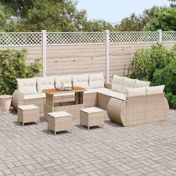 14-teiliges Garten Sofa Set mit Kissen Beige Poly Rattan Akazie, 4-teiliges Garten Essset mit Kissen Beige Poly Rattan Akazie