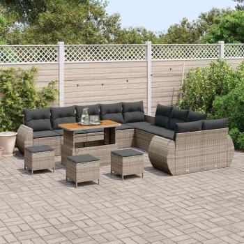14-teilige Garten Sofaset mit Kissen Grau Poly Rattan Akazie, 4-teiliges Garten Essset mit Kissen Grau Poly Rattan Akazie