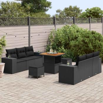 9-teiliges Garten Sofa Set mit Kissen Schwarz Poly Rattan Akazie, 3-teiliges Garten Essset mit Kissen Schwarz Poly Rattan Akazie