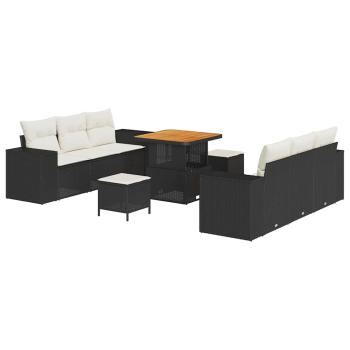 9-teiliges Garten-Sofa-Set mit Kissen in Schwarz, Poly Rattan, Akazie, 3-teiliges Garten-Ess-Set mit Kissen in Schwarz, Poly Rattan, Akazie