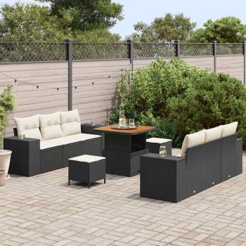 9-teiliges Garten-Sofa-Set mit Kissen in Schwarz, Poly Rattan, Akazie, 3-teiliges Garten-Ess-Set mit Kissen in Schwarz, Poly Rattan, Akazie