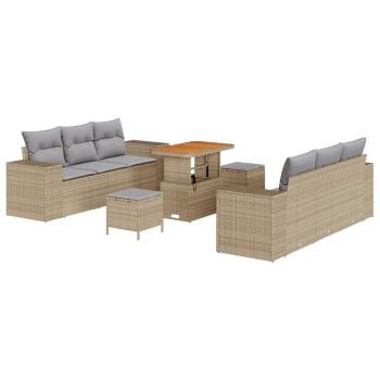ARDEBO.de - 9-teiliges Garten Sofaset mit Kissen Beige Poly Rattan Akazie, 3-teilige Garten Essgruppe mit Kissen Beige Poly Rattan Akazie