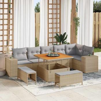 ARDEBO.de - 9-teiliges Garten Sofa Set mit Kissen, Beiges Poly-Rattan, Akazie, 3-teiliges Garten Esstisch Set mit Kissen, Beiges Poly-Rattan, Akazie