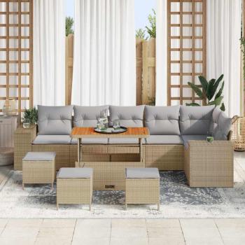 10-teiliges Garten Sofa Set mit Kissen Beige Poly Rattan Akazie, 4-teiliges Garten Essset mit Kissen Beige Poly Rattan Akazie