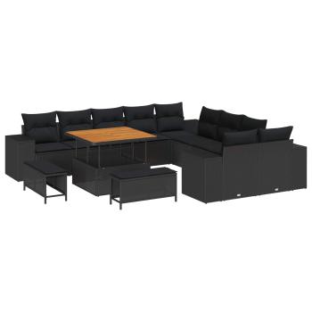 ARDEBO.de - 13-teiliges Garten-Sofa-Set mit Kissen Schwarz Poly-Rattan Akazie, 3-teiliges Garten-Ess-Set mit Kissen Schwarz Poly-Rattan Akazie