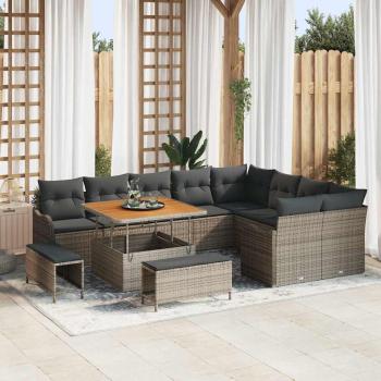 ARDEBO.de - 12-teiliges Garten Sofa Set mit Kissen Grau Poly Rattan Akazie, 2-Sitzer Garten Sofa mit Stauraum & Kissen Grau Poly Rattan, 3-teiliges Garten Esszimmer Set mit Kissen Grau Poly Rattan Akazie