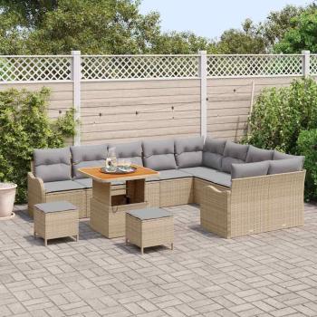 12-teiliges Garten Sofa Set mit Kissen Beige Poly Rattan Akazie, 2-Sitzer Garten Sofa mit Stauraum & Kissen Beige Poly Rattan, 3-teiliges Garten Essset mit Kissen Beige Poly Rattan Akazie