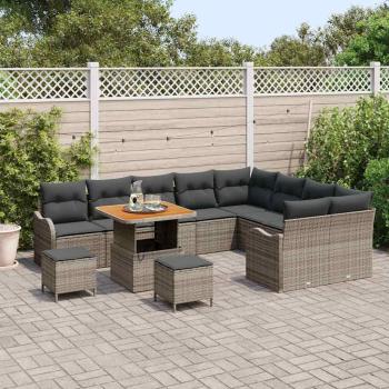 12-teiliges Garten Sofa Set mit Kissen Grau Poly-Rattan Akazie, 2-Sitzer Garten Sofa mit Stauraum & Kissen Grau Poly-Rattan, 3-teilige Garten Essgruppe mit Kissen Grau Poly-Rattan Akazie