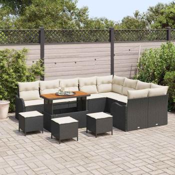 13-teilige Garten-Sofa-Set mit Kissen Schwarz Poly-Rattan Akazie, 2-Sitzer Garten-Sofa mit Stauraum & Kissen Schwarz Poly-Rattan, 4-teiliges Garten-Dining-Set mit Kissen Schwarz Poly-Rattan Akazie