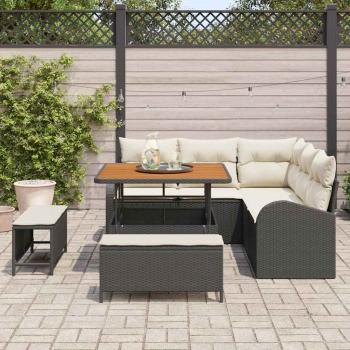 8-teiliges Garten-Sofa-Set mit Kissen, schwarzes Poly-Rattan, Akazie, 2-Sitzer Garten-Sofa mit Stauraum & Kissen, schwarzes Poly-Rattan, 3-teiliges Garten-Ess-Set mit Kissen, schwarzes Poly-Rattan, Akazie