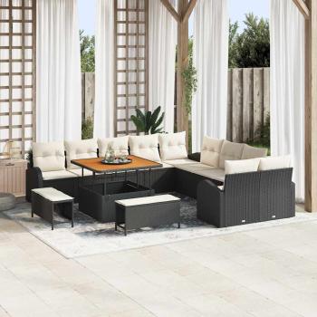 ARDEBO.de - 13-Teiliges Garten Sofa Set mit Kissen Schwarz Poly Rattan Akazie, 2-Sitzer Garten Sofa mit Stauraum und Kissen Schwarz Poly Rattan, 3-Teiliges Garten Essset mit Kissen Schwarz Poly Rattan Akazie