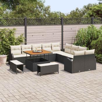13-Teiliges Garten Sofa Set mit Kissen Schwarz Poly Rattan Akazie, 2-Sitzer Garten Sofa mit Stauraum und Kissen Schwarz Poly Rattan, 3-Teiliges Garten Essset mit Kissen Schwarz Poly Rattan Akazie