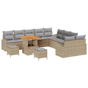 13-teiliges Garten Sofa Set mit Kissen Beige Poly-Rattan Akazie, 2-Sitzer Garten Sofa mit Stauraum & Kissen Beige Poly-Rattan, 3-teiliges Garten Essset mit Kissen Beige Poly-Rattan Akazie