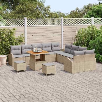 13-teiliges Garten Sofa Set mit Kissen Beige Poly-Rattan Akazie, 2-Sitzer Garten Sofa mit Stauraum & Kissen Beige Poly-Rattan, 3-teiliges Garten Essset mit Kissen Beige Poly-Rattan Akazie