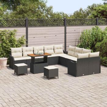 13-teiliges Garten Sofa Set mit Kissen Schwarz Poly Rattan Akazie, 2-Sitzer Garten Sofa mit Stauraum & Kissen Schwarz Poly Rattan, 3-teiliges Garten Essset mit Kissen Schwarz Poly Rattan Akazie