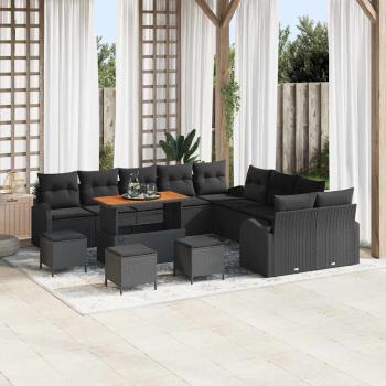 ARDEBO.de - 14-teiliges Garten-Sofa-Set mit Kissen Schwarz Poly-Rattan Akazie, 2-Sitzer Garten-Sofa mit Stauraum und Kissen Schwarz Poly-Rattan, 4-teiliges Garten-Ess-Set mit Kissen Schwarz Poly-Rattan Akazie