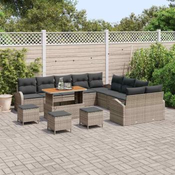 14-teiliges Garten Sofa Set mit Kissen Grau Poly Rattan Akazie, 2-Sitzer Garten Sofa mit Stauraum & Kissen Grau Poly Rattan, 4-teiliges Garten Essset mit Kissen Grau Poly Rattan Akazie