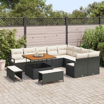 12-teiliges Garten Sofa Set mit Kissen Schwarz Poly Rattan Akazie, 2-Sitzer Garten Sofa mit Stauraum & Kissen Schwarz Poly Rattan, 3-teiliges Garten Essset mit Kissen Schwarz Poly Rattan Akazie