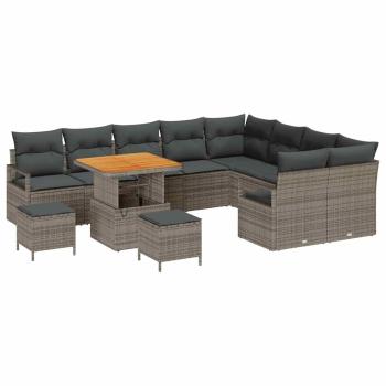 12-teiliges Garten Sofa Set mit Kissen Grau Poly Rattan Akazie, 2-Sitzer Garten Sofa mit Stauraum & Kissen Grau Poly Rattan, 3-teiliges Garten Essset mit Kissen Grau Poly Rattan Akazie