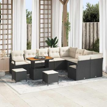 ARDEBO.de - 12-teilige Garten Sofa Set mit Kissen Schwarz Poly Rattan Akazie, 2-Sitzer Garten Sofa mit Stauraum & Kissen Schwarz Poly Rattan, 3-teilige Garten Essgruppe mit Kissen Schwarz Poly Rattan Akazie