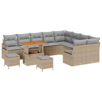 12-teiliges Garten Sofa Set mit Kissen Beige Poly Rattan Akazie, 2-Sitzer Garten Sofa mit Stauraum & Kissen Beige Poly Rattan, 3-teiliges Garten Esstisch Set mit Kissen Beige Poly Rattan Akazie