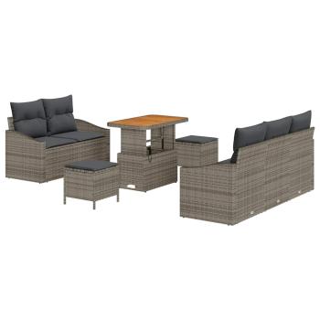 8-teiliges Garten Sofa Set mit Kissen Grau Poly Rattan Akazie, 2-Sitzer Garten Sofa mit Stauraum & Kissen Grau Poly Rattan, 3-teiliges Garten Essset mit Kissen Grau Poly Rattan Akazie