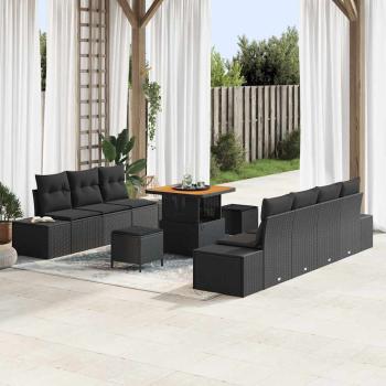 ARDEBO.de - 10-teiliges Garten Sofa Set mit Kissen Schwarz Poly-Rattan Akazie, 2-Sitzer Garten Sofa mit Stauraum & Kissen Schwarz Poly-Rattan, 3-teiliges Garten Ess Set mit Kissen Schwarz Poly-Rattan Akazie