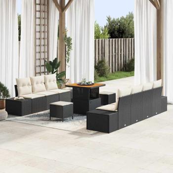 ARDEBO.de - 10-teiliges Garten Sofa Set mit Kissen Schwarz Poly Rattan Akazie, 2-Sitzer Garten Sofa mit Stauraum & Kissen Schwarz Poly Rattan, 3-teiliges Garten Ess-Set mit Kissen Schwarz Poly Rattan Akazie