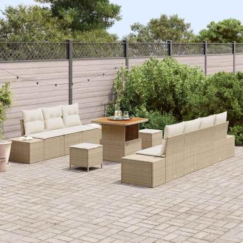 10-teiliges Garten Sofa Set mit Kissen Beige Poly Rattan Akazie, 2-Sitzer Garten Sofa mit Stauraum & Kissen Beige Poly Rattan, 3-teilige Garten Essgruppe mit Kissen Beige Poly Rattan Akazie