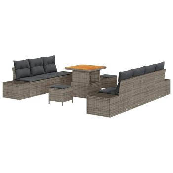 ARDEBO.de - 10-teiliges Garten Sofa Set mit Kissen Grau Poly Rattan Akazie, 2-Sitzer Garten Sofa mit Stauraum & Kissen Grau Poly Rattan, 3-teiliges Garten Essset mit Kissen Grau Poly Rattan Akazie