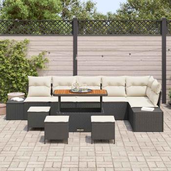 10-teiliges Garten Sofa Set mit Kissen Schwarzes Poly-Rattan Akazie, 2-Sitzer Garten Sofa mit Stauraum & Kissen Schwarzes Poly-Rattan, 4-teiliges Garten Esstisch Set mit Kissen Schwarzes Poly-Rattan Akazie