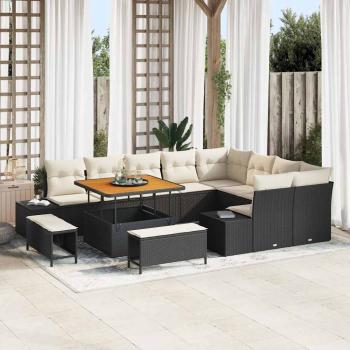 ARDEBO.de - 12-teiliges Garten Sofa Set mit Kissen Schwarz Poly Rattan Akazie, 2-Sitzer Garten Sofa mit Stauraum & Kissen Schwarz Poly Rattan, 3-teilige Garten Essgruppe mit Kissen Schwarz Poly Rattan Akazie