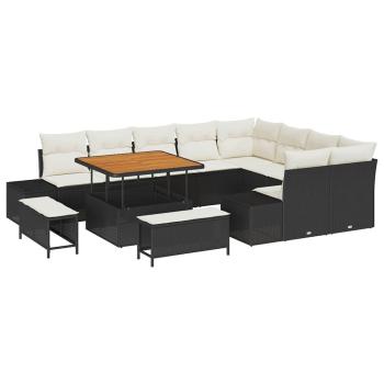 12-teiliges Garten Sofa Set mit Kissen Schwarz Poly Rattan Akazie, 2-Sitzer Garten Sofa mit Stauraum & Kissen Schwarz Poly Rattan, 3-teilige Garten Essgruppe mit Kissen Schwarz Poly Rattan Akazie