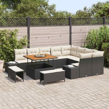 12-teiliges Garten Sofa Set mit Kissen Schwarz Poly Rattan Akazie, 2-Sitzer Garten Sofa mit Stauraum & Kissen Schwarz Poly Rattan, 3-teilige Garten Essgruppe mit Kissen Schwarz Poly Rattan Akazie