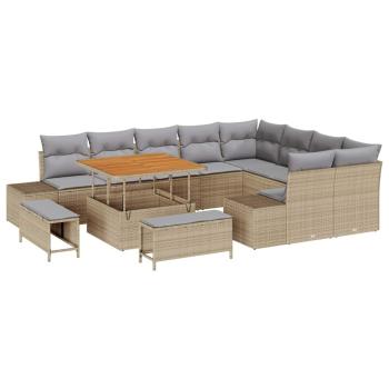 12-teiliges Garten-Sofa-Set mit Kissen Beige Poly-Rattan Akazie, 2-Sitzer-Garten-Sofa mit Stauraum & Kissen Beige Poly-Rattan, 3-teiliges Garten-Ess-Set mit Kissen Beige Poly-Rattan Akazie