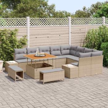 12-teiliges Garten-Sofa-Set mit Kissen Beige Poly-Rattan Akazie, 2-Sitzer-Garten-Sofa mit Stauraum & Kissen Beige Poly-Rattan, 3-teiliges Garten-Ess-Set mit Kissen Beige Poly-Rattan Akazie