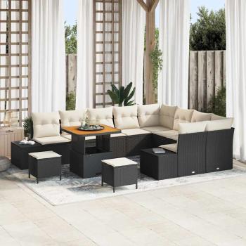 ARDEBO.de - 12-teiliges Garten Sofa Set mit Kissen Schwarz Poly Rattan Akazie, 2-Sitzer Garten Sofa mit Stauraum & Kissen Schwarz Poly Rattan, 3-teiliges Garten Essset mit Kissen Schwarz Poly Rattan Akazie