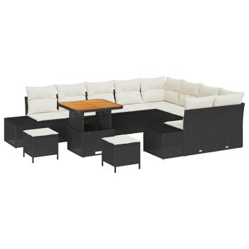 12-teiliges Garten Sofa Set mit Kissen Schwarz Poly Rattan Akazie, 2-Sitzer Garten Sofa mit Stauraum & Kissen Schwarz Poly Rattan, 3-teiliges Garten Essset mit Kissen Schwarz Poly Rattan Akazie