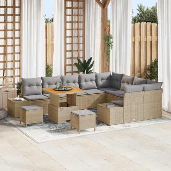 ARDEBO.de - 12-teiliges Garten-Sofa-Set mit Kissen Beige Poly-Rattan Akazie, 2-Sitzer Garten-Sofa mit Stauraum & Kissen Beige Poly-Rattan, 3-teiliges Garten-Esszimmer-Set mit Kissen Beige Poly-Rattan Akazie