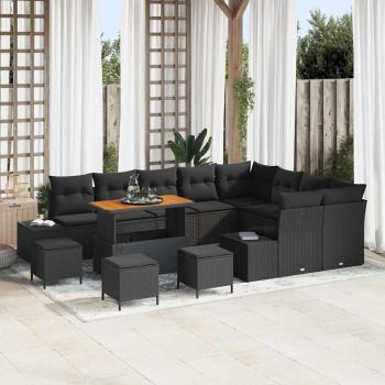 ARDEBO.de - 13-teiliges Garten Sofa Set mit Kissen Schwarz Poly Rattan Akazie, 2-Sitzer Garten Sofa mit Stauraum & Kissen Schwarz Poly Rattan, 4-teiliges Garten Dining Set mit Kissen Schwarz Poly Rattan Akazie