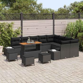 13-teiliges Garten Sofa Set mit Kissen Schwarz Poly Rattan Akazie, 2-Sitzer Garten Sofa mit Stauraum & Kissen Schwarz Poly Rattan, 4-teiliges Garten Dining Set mit Kissen Schwarz Poly Rattan Akazie