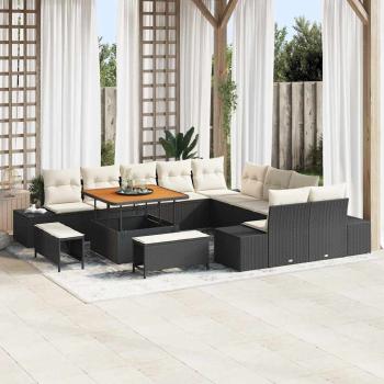 ARDEBO.de - 13-teiliges Garten-Sofa-Set mit Kissen Schwarz Poly-Rattan Akazie, 2-Sitzer Garten-Sofa mit Stauraum und Kissen Schwarz Poly-Rattan, 3-teiliges Garten-Essset mit Kissen Schwarz Poly-Rattan Akazie