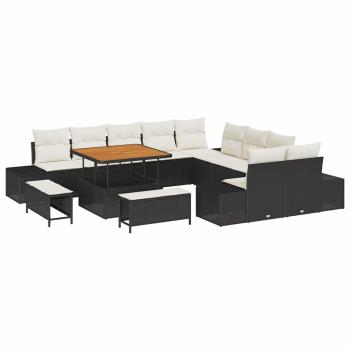13-teiliges Garten-Sofa-Set mit Kissen Schwarz Poly-Rattan Akazie, 2-Sitzer Garten-Sofa mit Stauraum und Kissen Schwarz Poly-Rattan, 3-teiliges Garten-Essset mit Kissen Schwarz Poly-Rattan Akazie