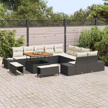 13-teiliges Garten-Sofa-Set mit Kissen Schwarz Poly-Rattan Akazie, 2-Sitzer Garten-Sofa mit Stauraum und Kissen Schwarz Poly-Rattan, 3-teiliges Garten-Essset mit Kissen Schwarz Poly-Rattan Akazie